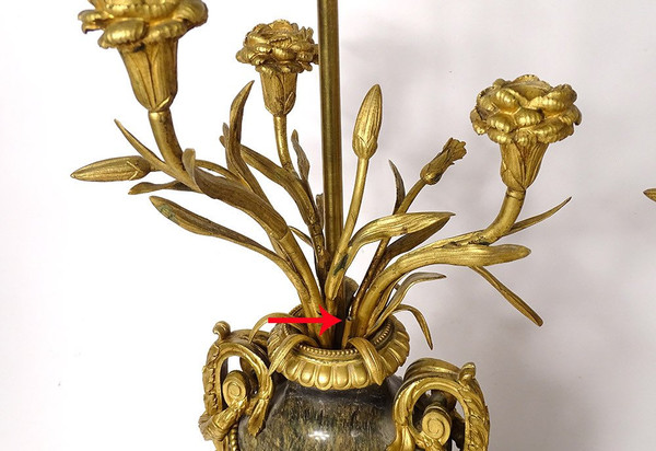 Paire Vases Balustre Lampes Marbre Bronze Doré Fleurs Napoléon III XIXème