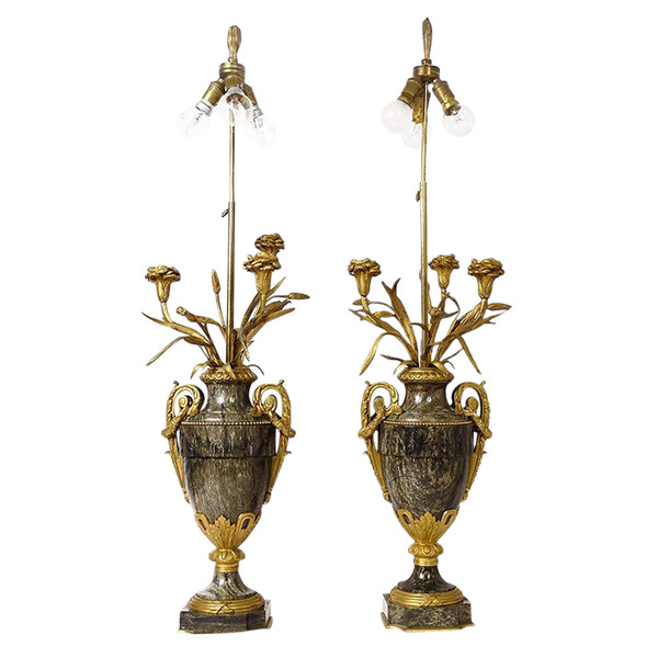 Paire Vases Balustre Lampes Marbre Bronze Doré Fleurs Napoléon III XIXème