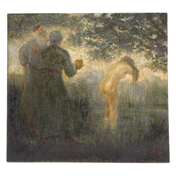 HST Tableau Personnages Scène Biblique Suzanne Vieillards Jeune Femme 20th C