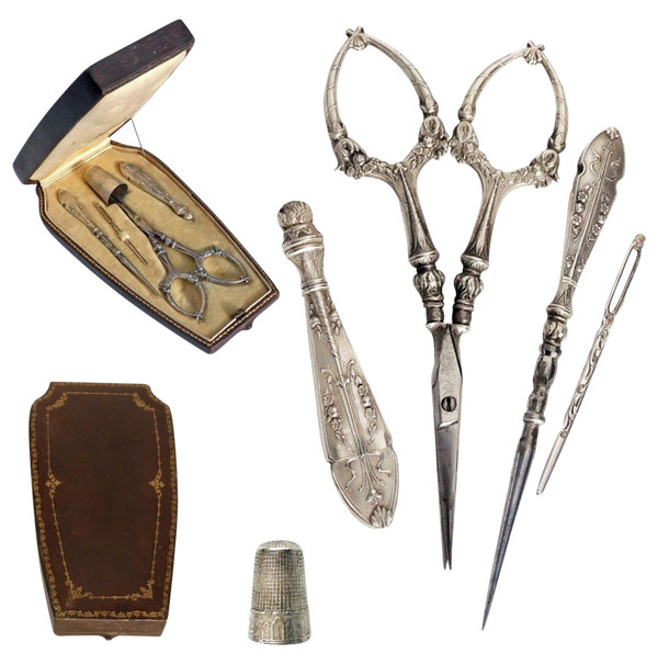 Napoleon III silver sewing set in ivory case