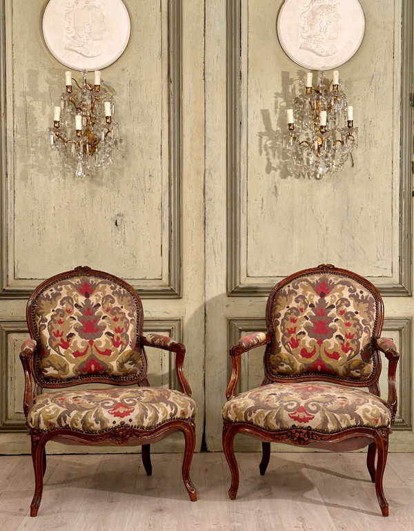 Paar Fauteuils A La Reine d'Epoque Louis XV Um 1750