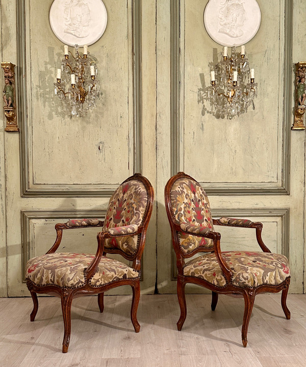 Paar Fauteuils A La Reine d'Epoque Louis XV Um 1750