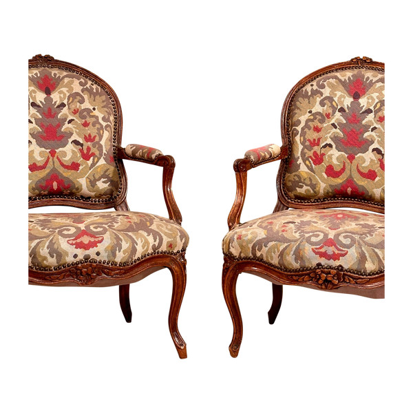 Paar Fauteuils A La Reine d'Epoque Louis XV Um 1750