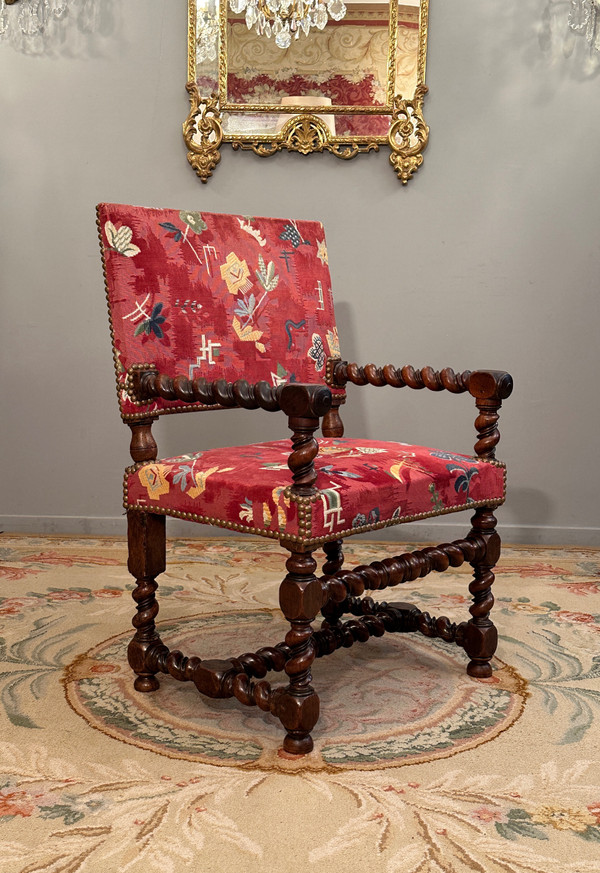 Chaise A Bras En Noyer d'Epoque Louis XIII XVIIème Siècle 