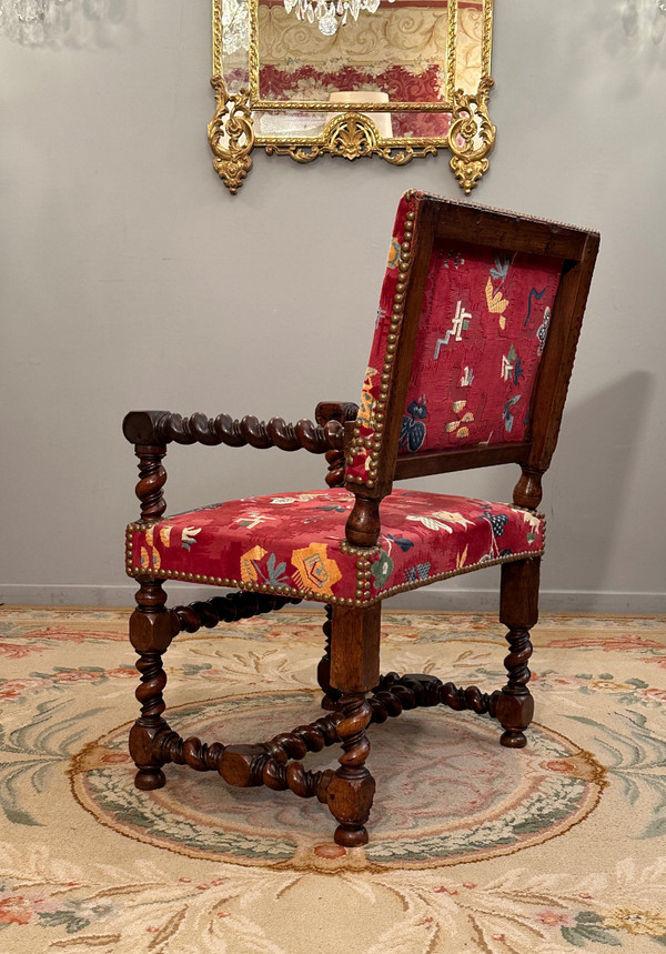 Chaise A Bras En Noyer d'Epoque Louis XIII XVIIème Siècle 