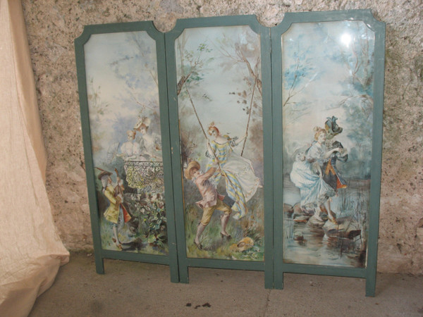 Small 3-leaf screen with watercolor genre scenes in Louis XV style, 20th century