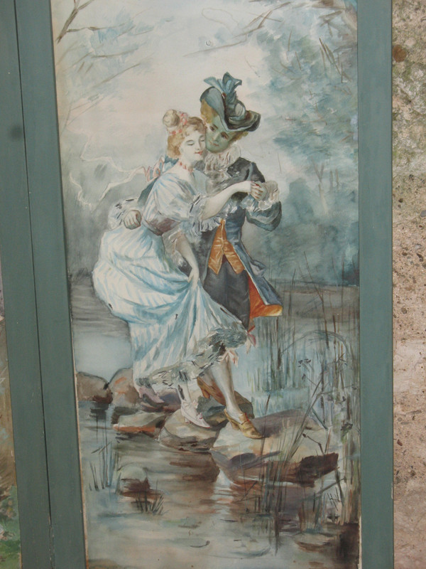 Small 3-leaf screen with watercolor genre scenes in Louis XV style, 20th century