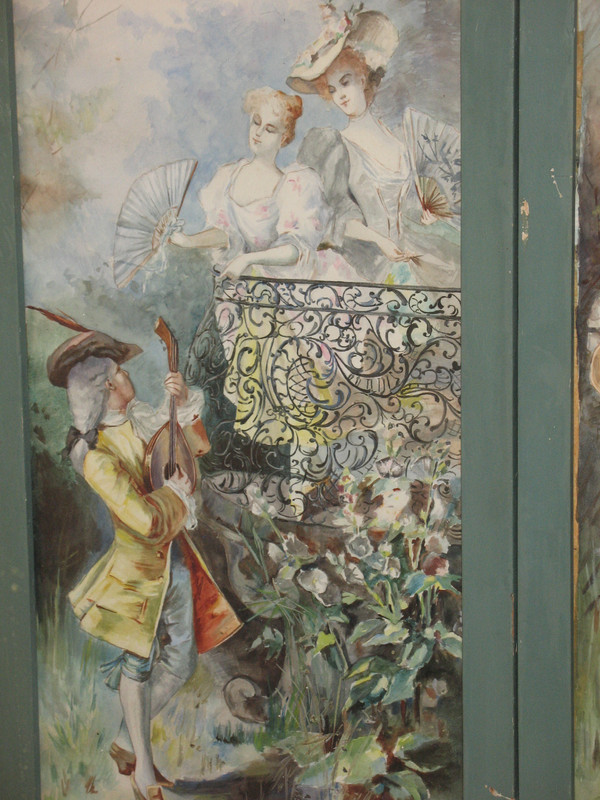 Small 3-leaf screen with watercolor genre scenes in Louis XV style, 20th century