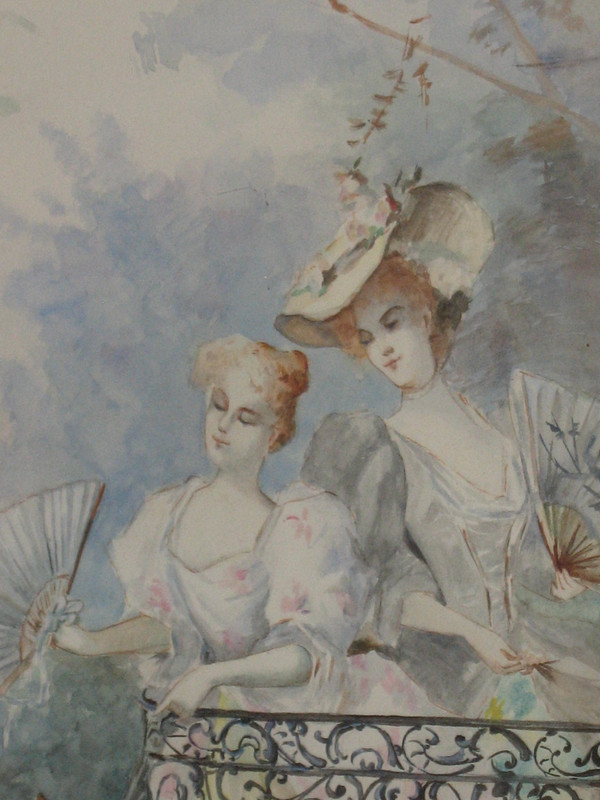 Small 3-leaf screen with watercolor genre scenes in Louis XV style, 20th century