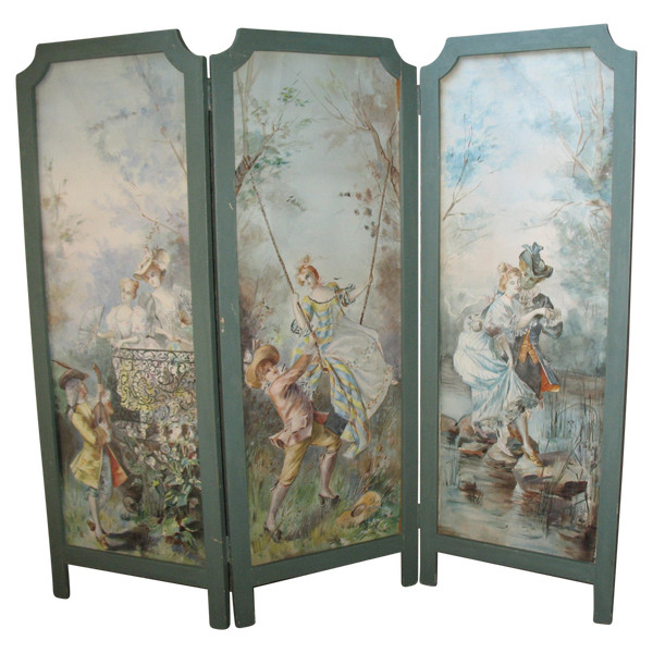 Small 3-leaf screen with watercolor genre scenes in Louis XV style, 20th century