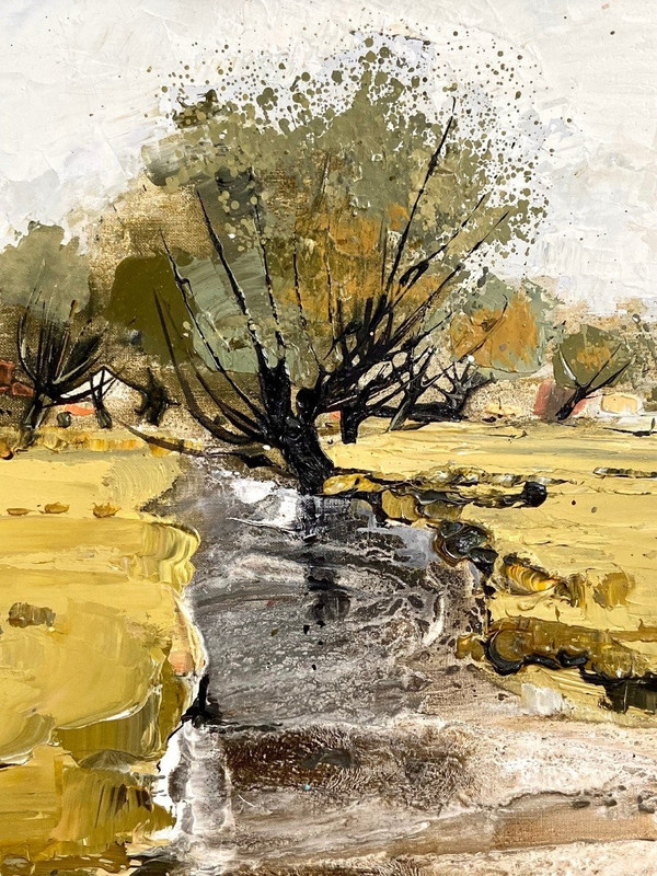 Michel Jouenne (1933-2021), Tableau Vue De Paysage à La Rivière Années 1970/1980.