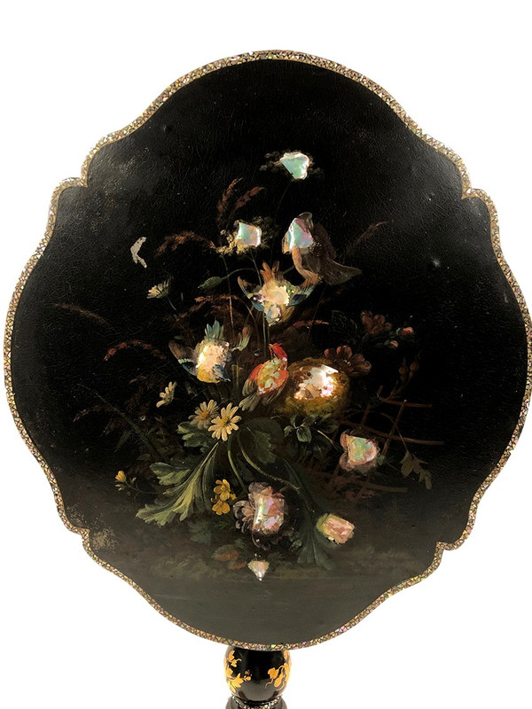 Tilting pedestal table in blackened wood with painted decoration of flowers and birds, burgundy. Napoleon III