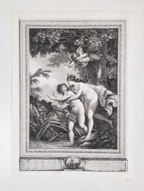 Mythological Etching Salmacis And Hermaphrodite Engraving By Vidal After Monnet 18th C Print