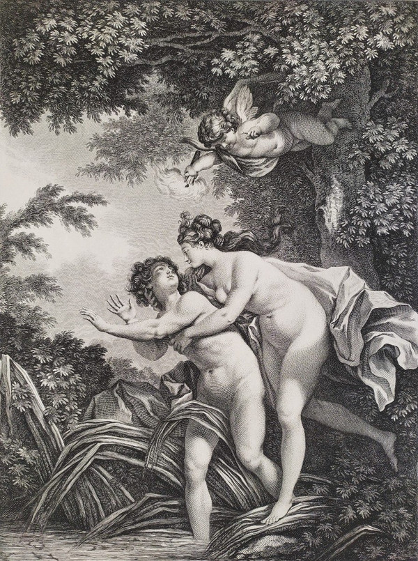 Mythological Etching Salmacis And Hermaphrodite Engraving By Vidal After Monnet 18th C Print