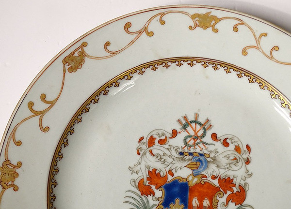 Paire Plats Porcelaine Compagnie des Indes Armoiries Blason Chevalier 18è