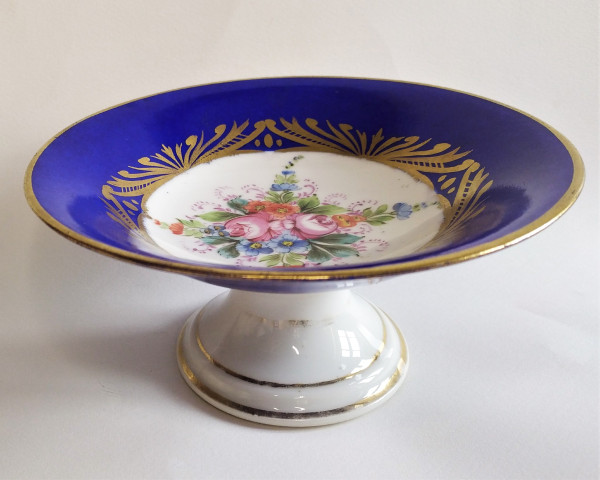 Pedestal Dish Hand Painted Paris Porcelain Serving Bowl Victorian Tableware 19th C