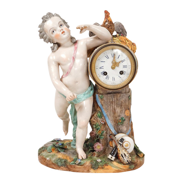 Orologio in porcellana Angelot Putti Allegoria Musica Tamburo Gallo XIX secolo