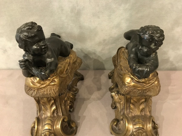 Antique gilded and patinated bronze andirons from the 19th century