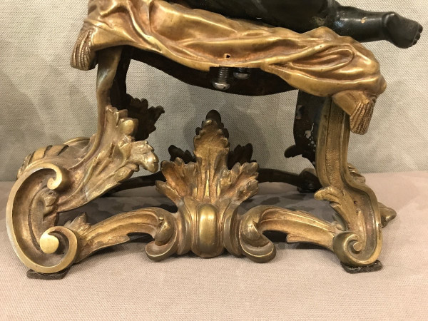 Antique gilded and patinated bronze andirons from the 19th century