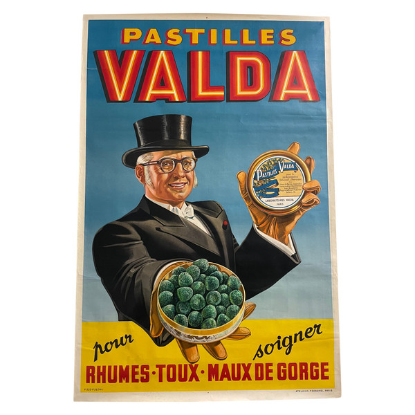 Affiche Publicitaire Originale Pastilles Valda Circa 1940