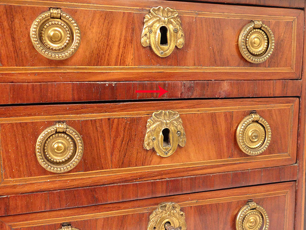 Petite Commode Maîtrise Louis XVI Marqueterie Satiné Bois Rose Marbre 18è