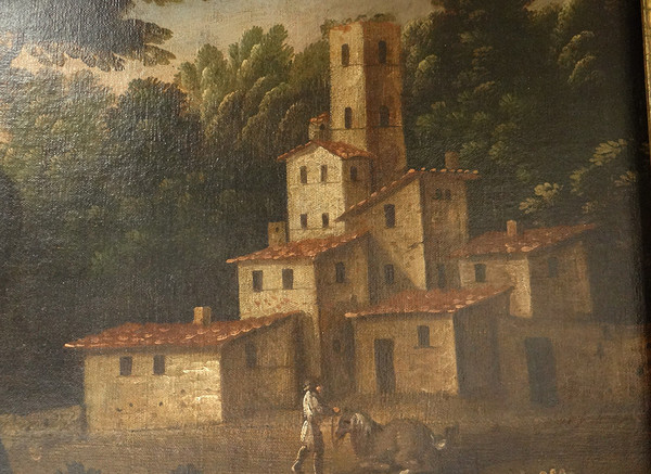 Large HST Italian School Countryside Village Characters 18th century