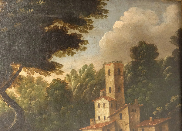 Large HST Italian School Countryside Village Characters 18th century