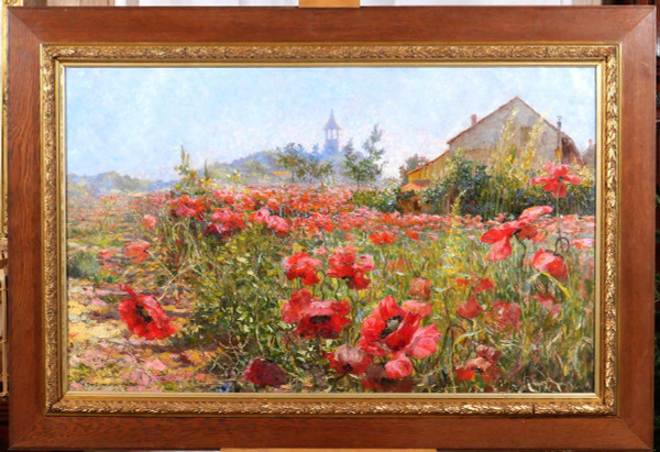 Francis de Signori 19-20th Fields of poppies in bloom, landscape, large painting, circa 1920