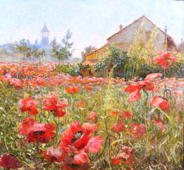 Francis de Signori 19-20th Fields of poppies in bloom, landscape, large painting, circa 1920