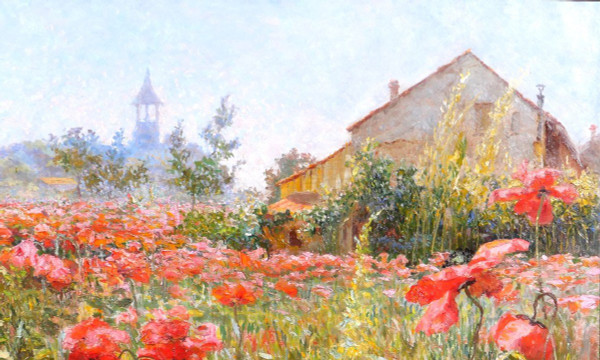 Francis de Signori 19-20th Fields of poppies in bloom, landscape, large painting, circa 1920