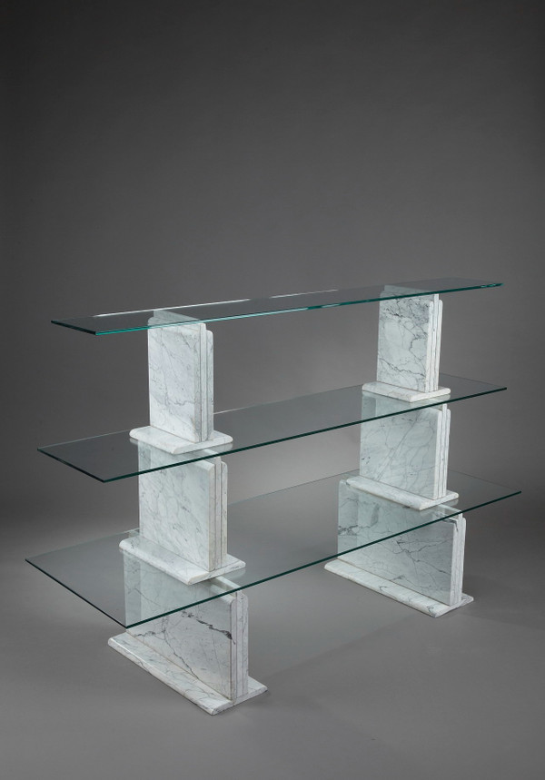 Carrara Marble Bookcase With Glass Shelves - 1970