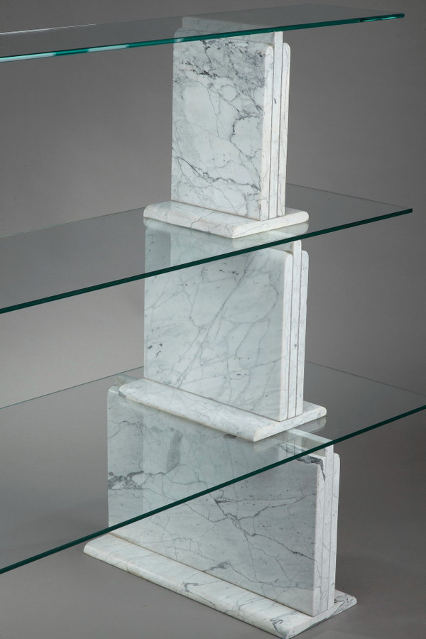 Carrara Marble Bookcase With Glass Shelves - 1970