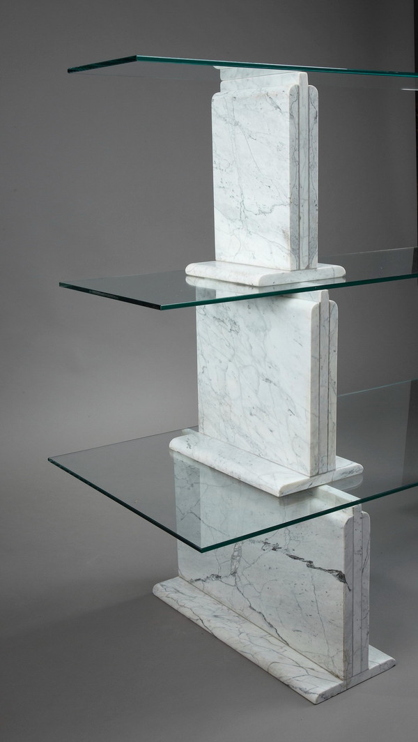 Carrara Marble Bookcase With Glass Shelves - 1970