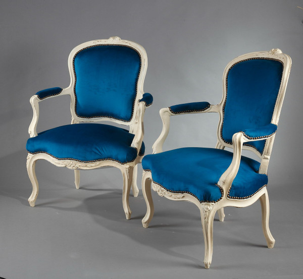 Four peacock blue velvet armchairs from the Louis XV period