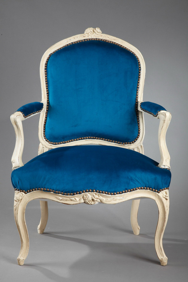 Four peacock blue velvet armchairs from the Louis XV period