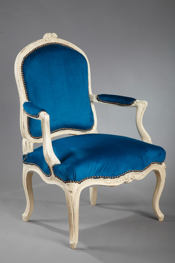 Four peacock blue velvet armchairs from the Louis XV period