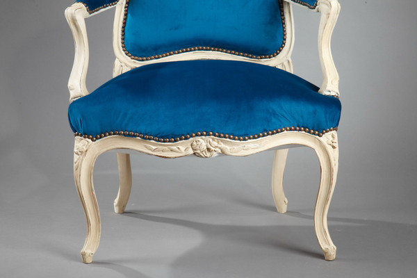 Four peacock blue velvet armchairs from the Louis XV period