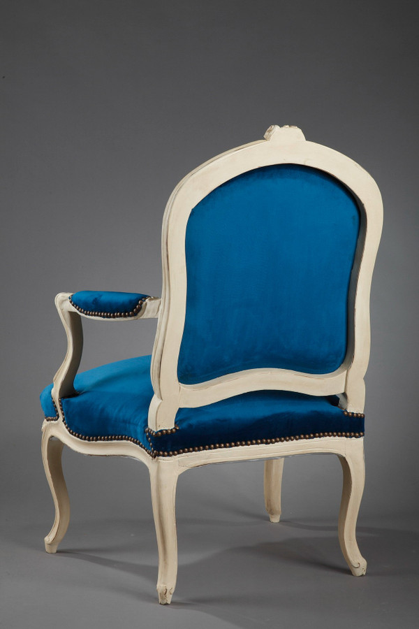 Four peacock blue velvet armchairs from the Louis XV period