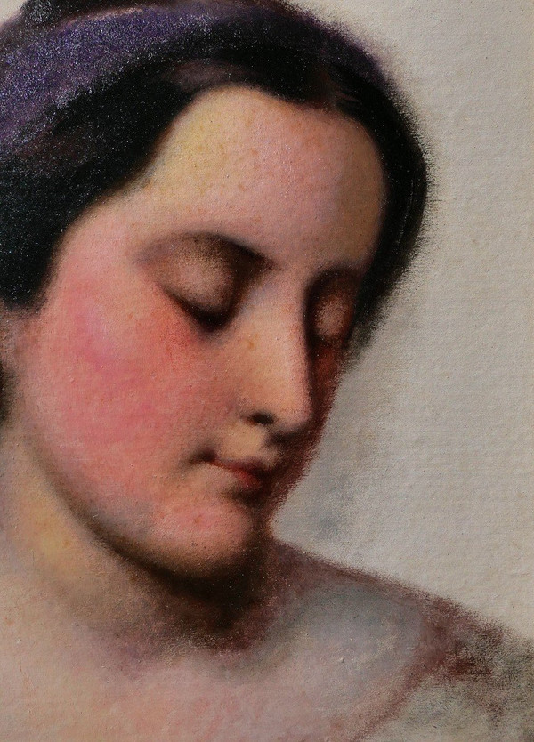 Ecole Française vers 1850, Portrait de femme au ruban violet, tableau