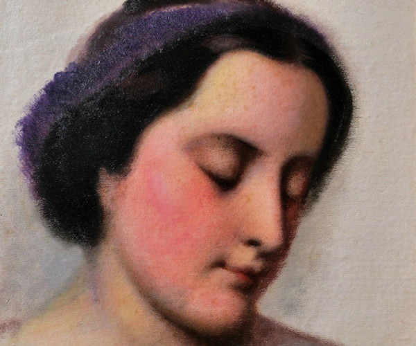 Ecole Française vers 1850, Portrait de femme au ruban violet, tableau