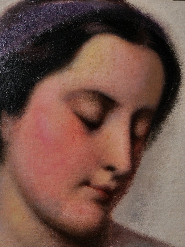 Ecole Française vers 1850, Portrait de femme au ruban violet, tableau