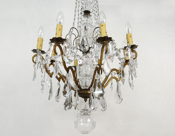 Lustre 8 Feux Bronze Cristal Taillé Pampilles Guirlandes Suspension XIXème