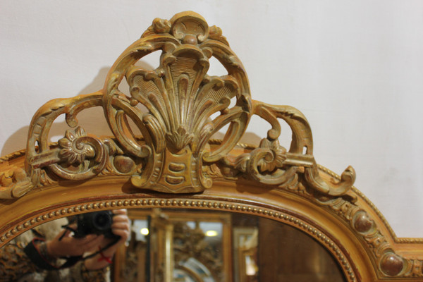 Grand Miroir Ancien De Cheminée, Patine Et Coquille 96 X 148 Cm