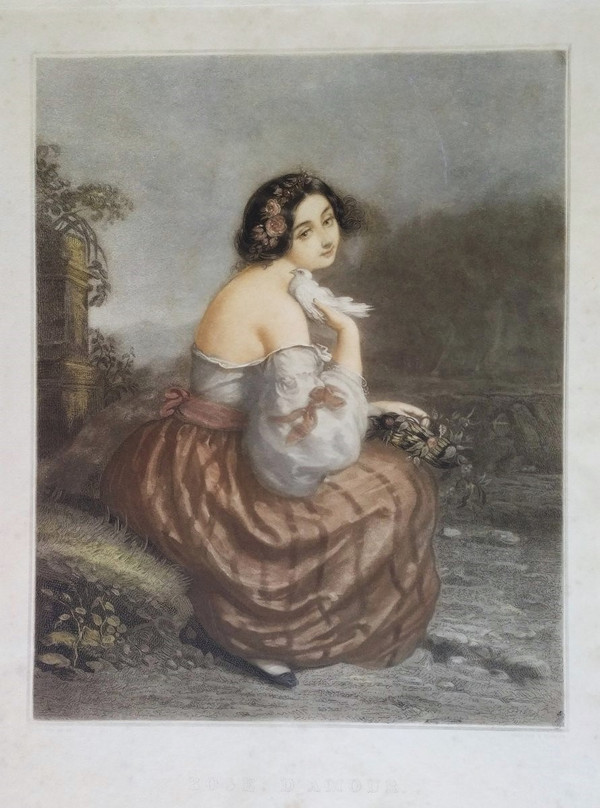 Etching Portrait Of A Romantic Lady After André Jules Watercolored Engraving 19th C Old Print