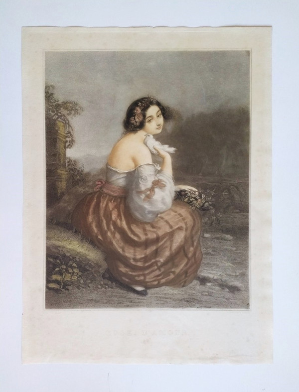 Etching Portrait Of A Romantic Lady After André Jules Watercolored Engraving 19th C Old Print