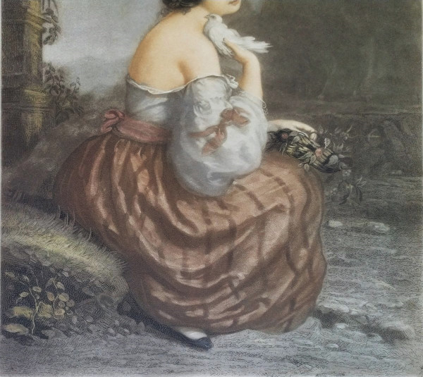 Etching Portrait Of A Romantic Lady After André Jules Watercolored Engraving 19th C Old Print