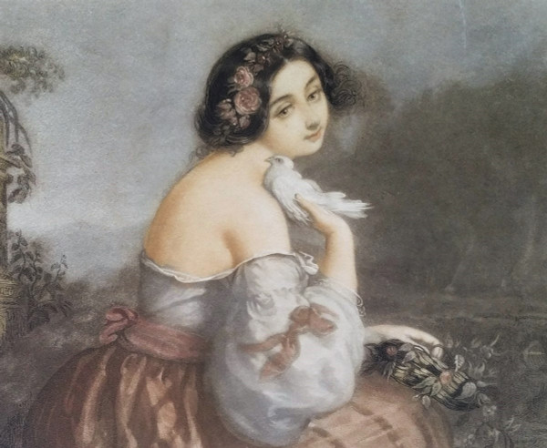 Etching Portrait Of A Romantic Lady After André Jules Watercolored Engraving 19th C Old Print