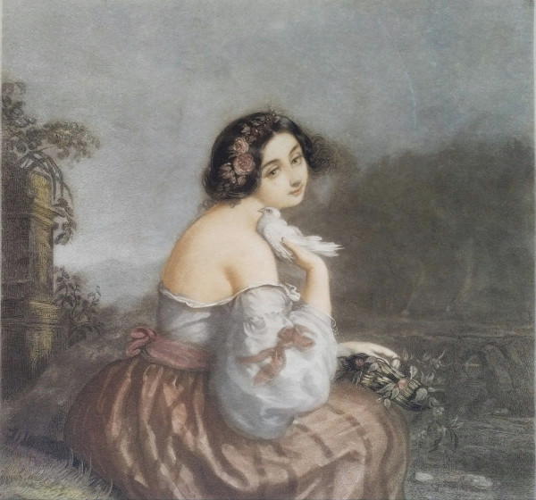 Etching Portrait Of A Romantic Lady After André Jules Watercolored Engraving 19th C Old Print