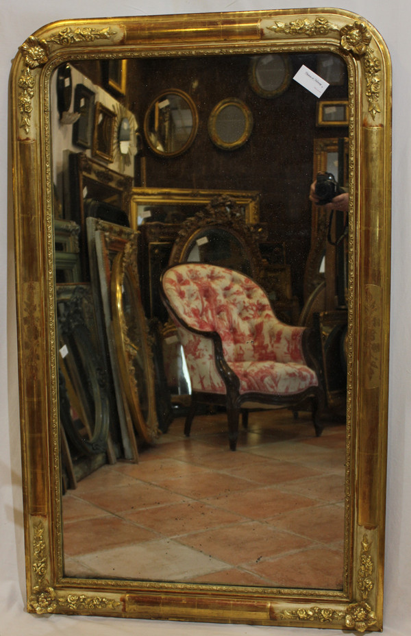 Grand Miroir De Cheminée, Décors De Fleurs, Feuille d'Or, Glace Mercure 84 X139 Cm