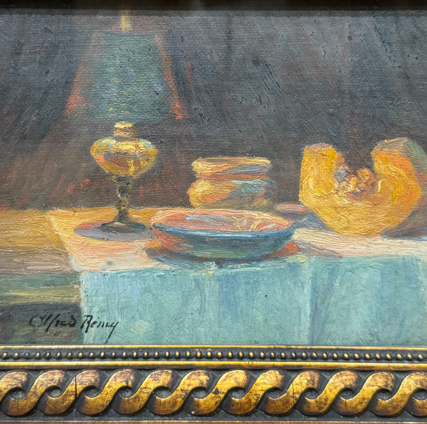 Alfred Remy (xix-xx) - Nature Morte à La Lampe, l'Assiette à Soupe Et Au Potimaron, Circa 1890